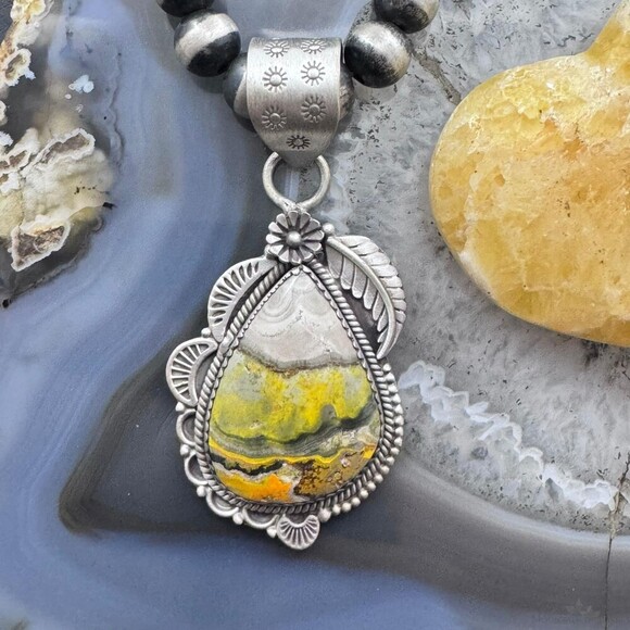 Sterling Silver Southwestern Style Teardrop Bumblebee Jasper Decorated Pendant - Picture 1 of 10